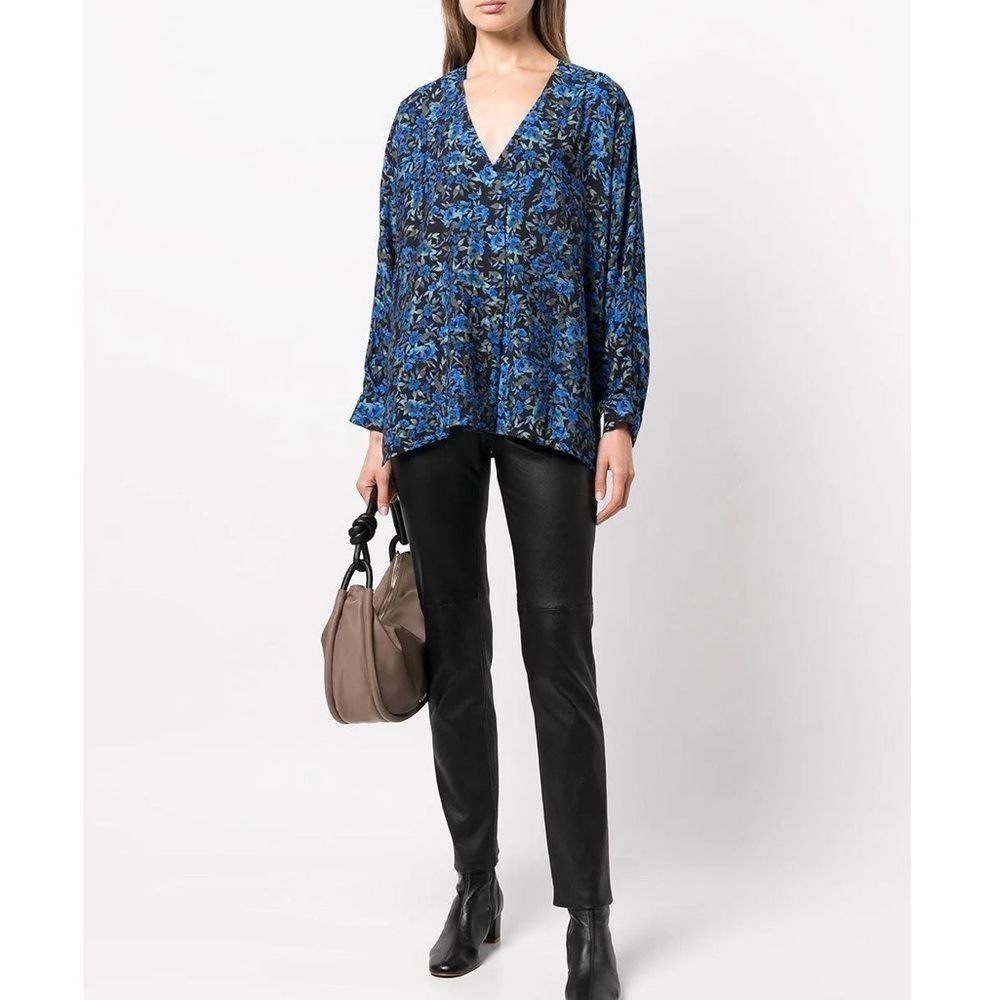 MUNTHE ALUNARIA TOP V neck long sleeve Blue Black floral-print blouse Sz 8